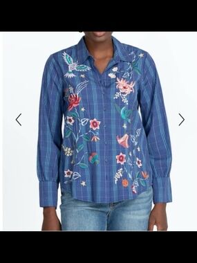 Johnny Was Blue Plaid Floral Embroidered Button-Up